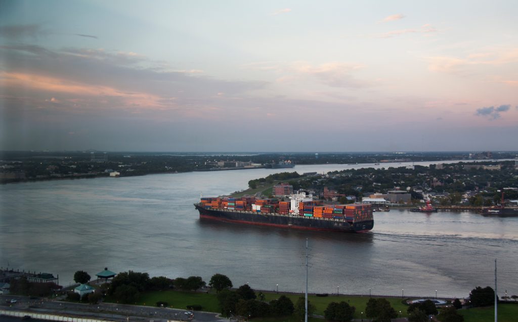 Cargo Ship on the Mississippi at Sunset